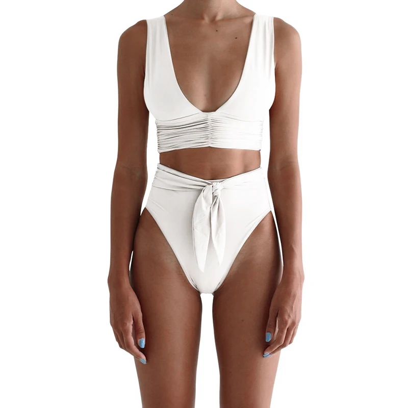 Глубокий купальные костюмы V-Neck для женщин, высокая талия, бикини, набор, Одноцветный купальный костюм модная летняя купальник с узлом, женский бикини, новинка