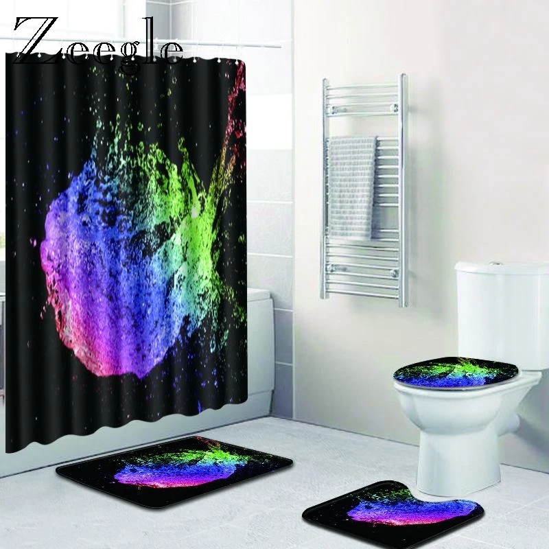 Zeegle Colorful Bath Mat with Curtain for Bathroom Waterproof Shower Curtain Pedestal Rug Lid Toilet Cover Bath Mat Home Decor