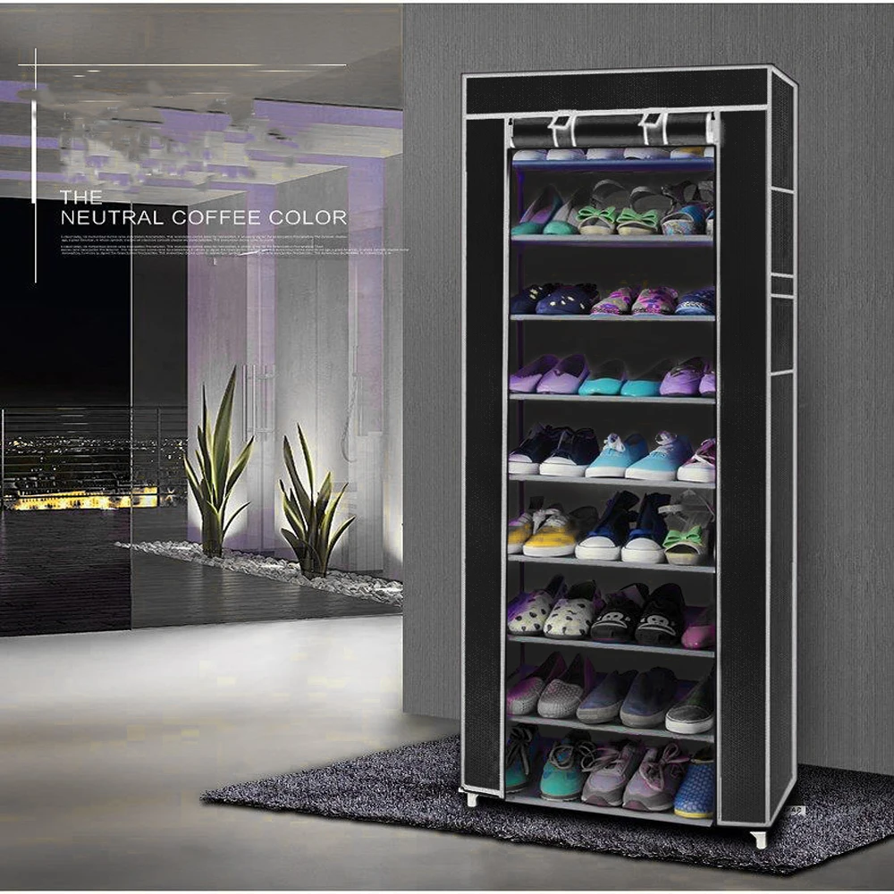 

Simple Assembly 10 Tiers Non-woven Fabric Shoe Rack with Handle Black 10-layer Shoe Rack Space Saving shipformOverseas warehouse