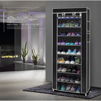 

Simple Assembly 10 Tiers Non-woven Fabric Shoe Rack with Handle Black 10-layer Shoe Rack Space Saving shipformOverseas warehouse