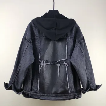 

2019 Fall Winter New Loose Black Cowboy Jacket Girls Harajuku Fur Edge PU Leather Stitching Hooded Jeans Coat Woman Streetwear