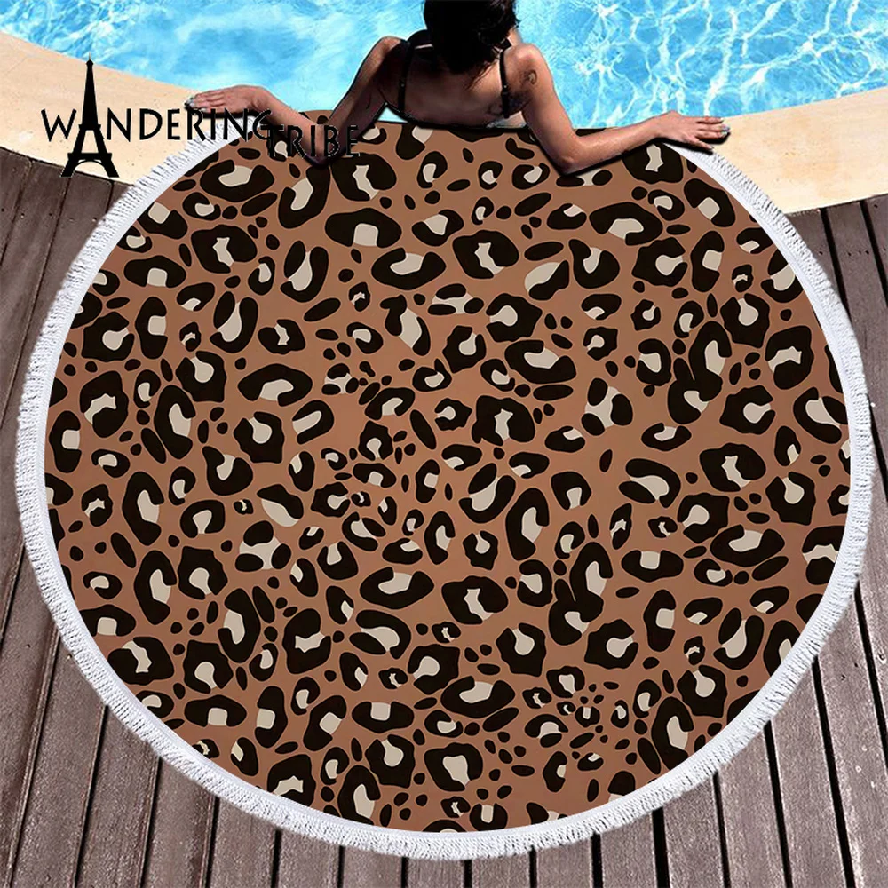 

Abstract Leopard Pattern Round Beach Towel with Tassels Microfiber Printed Dot 150Cm Summer Swimming Picnic Mat Travel Blanket