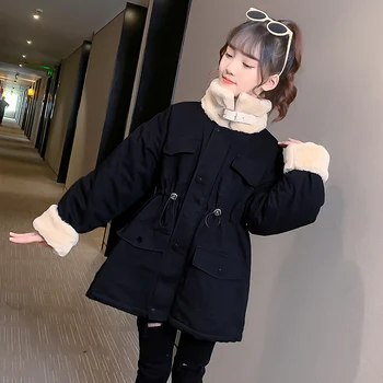 

Sweet Big Girls Clothes Winter Plus Velvet Warm Cotton padded Coats Long Elastic Waist Fur Collar Multi-pockets Children Jackets