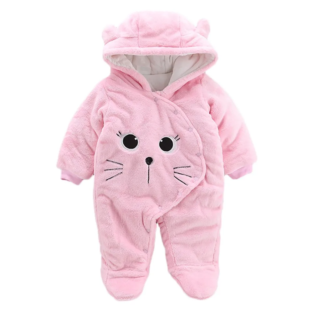 Pink Детские Зимняя Одежда для новорожденных, для маленьких девочек, одноцветные Носки с рисунком медведя из мультика с плюшевой подкладкой с капюшоном комбинезоны детские одежда Одежда для новорожденных - Цвет: Pink