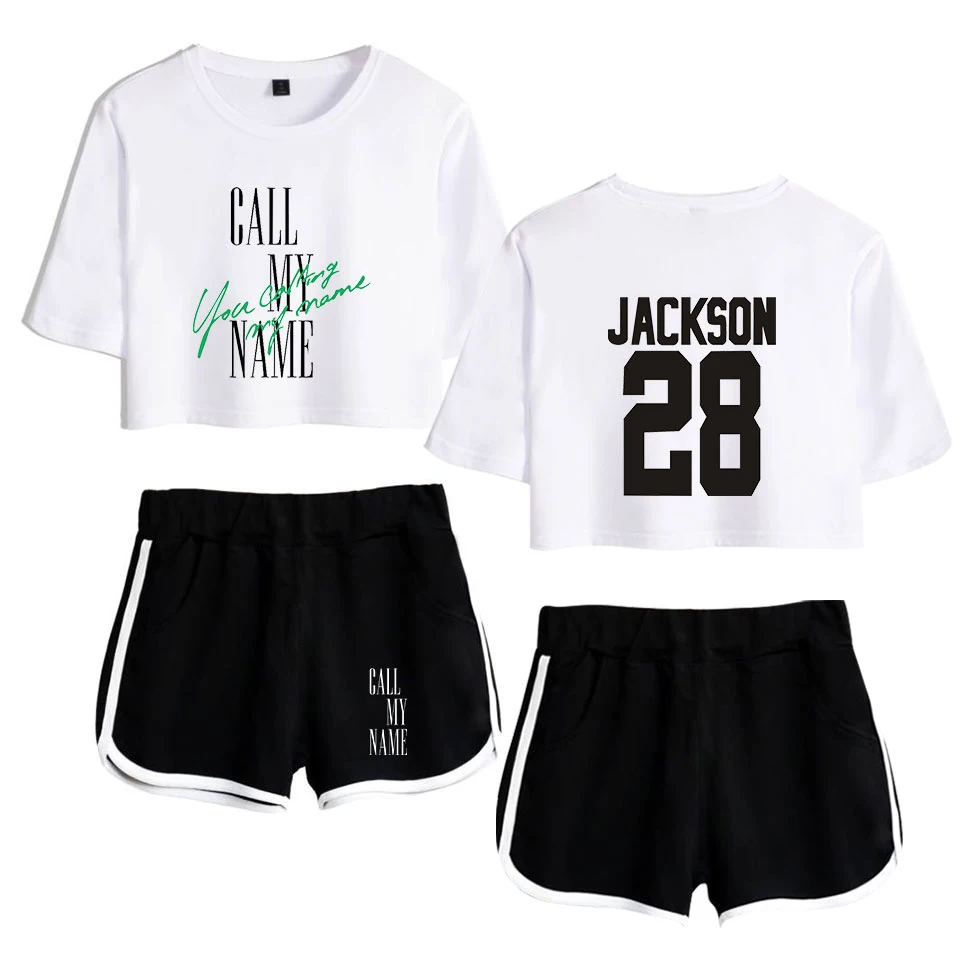 

2019 KPOP GOT7 New Album Call My Name You Calling My Name Print Women Two Piece Set Shorts+lovely T-shirt Hot Sale Clothes