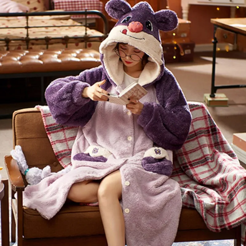 Autumn And Winter Coral Velvet Hooded Pajamas Women'S Thickened Long Wine Red Nightdress Cartoon Girl Flannel Home Clothes  Robe