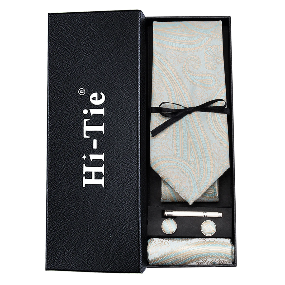 Синий галстук для мужчин, Шелковый тканый галстук, однотонный синий широкий галстук, набор запонок, зажим для галстука, Подарочная коробка для мужчин, Hi-Tie HT-326