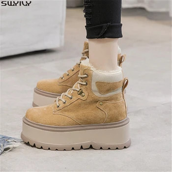 

SWYIVY Leather Women Shoes Pigskin Snow Booties Wedge Shoes Woman 2019 Winter Women Boots Ladies Platform Ankle Boots Female