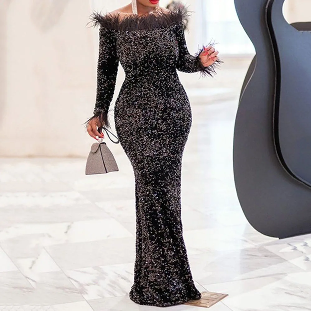 African Black Shiny Sequin Evening Party Dress with Feather Sexy Off Shoulder Floor Length Women Long Sleeve | Свадьбы и торжества