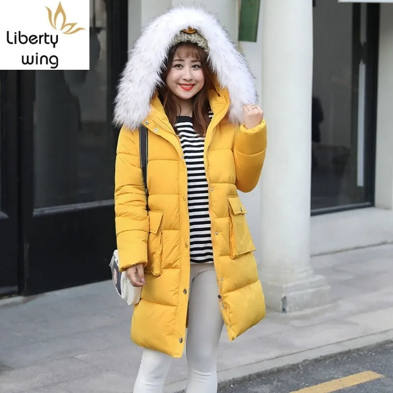

Winter Large Size 4XL Parka Jacket Women Thick Warm Hooded Fur Collar Black Yellow Overcoat Fashion Long Female Outerwear