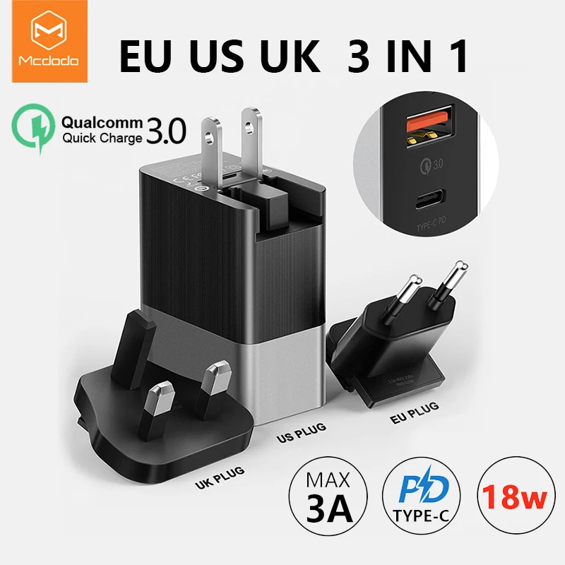  Mcdodo EU US UK Plug 3 in 1 18W USB-C PD Fast Charging Universal Travel Charger 3A Wall QC 3.0 Adap