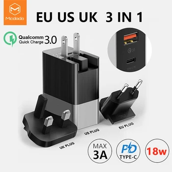 

Mcdodo EU US UK Plug 3 in 1 18W USB-C PD Fast Charging Universal Travel Charger 3A Wall QC 3.0 Adapter for xiaomi iPhone Samsung