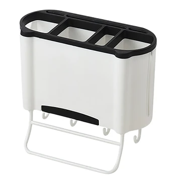 

Wall-Mounted Tableware Spoon Chopsticks Drain Storage Rack with Hook Rag Holder Cutlery Drainer with Easy-Drain Spout Kitchen