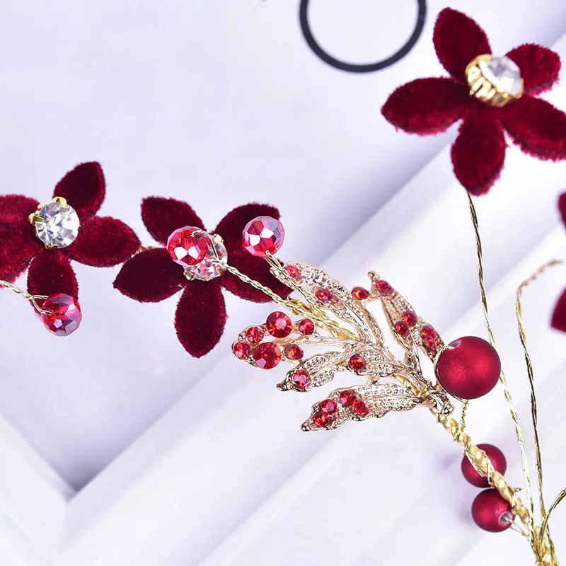 Золотая кисточка повязка на голову бордовый ткань украшение из цветов для невесты, для свадьбы, помолвки повязка на голову модная ручной работы