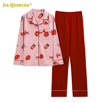 

Woman New Soft Printing Long Sleeve Long Pants Sleepwear Fashion Style Casual Style Woman Clothes Front Pocket Pink 100% Cotton