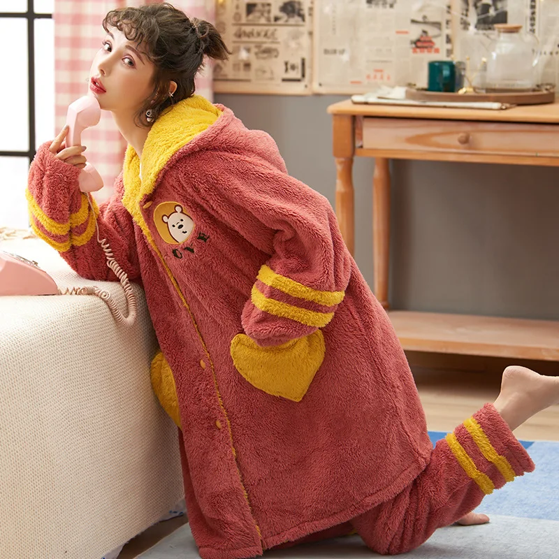 Зимняя пижама из бархата кораллового цвета Женский Теплый кардиган пижамный