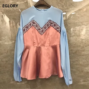 

High Quality Designer Blouse Shirt 2019 Autumn Blue Silk Blouses Women Luxurious Embroidery Long Sleeve Shirt Blusas Feminino