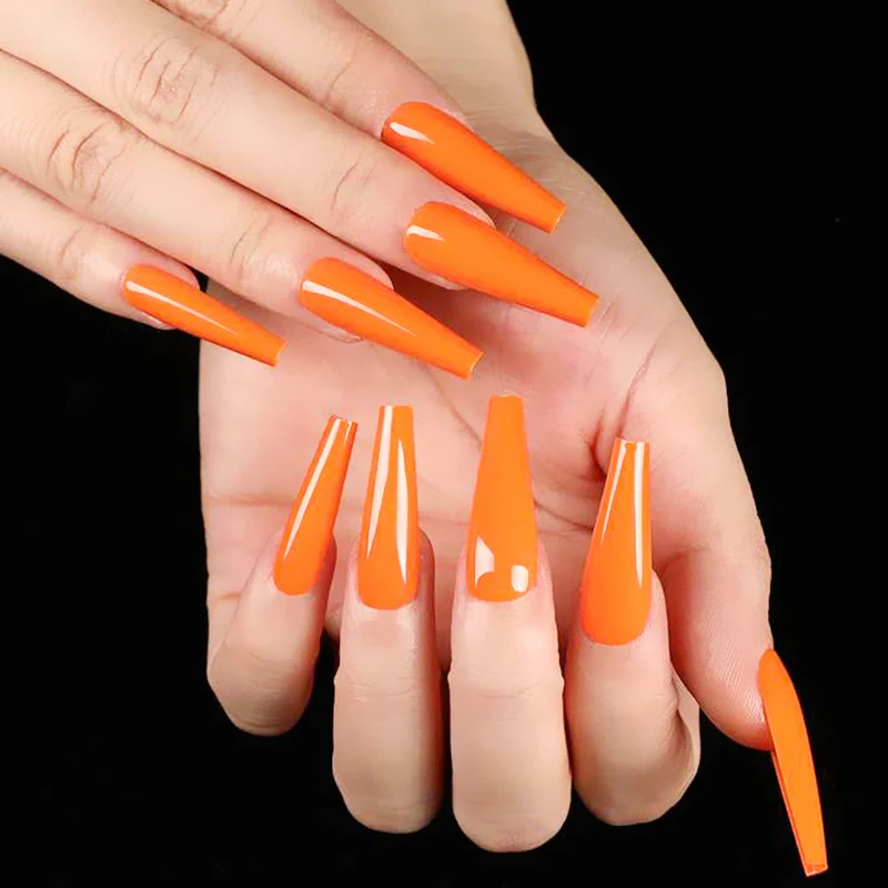 

24Pcs Ballerina Coffin Nails Glossy Orange UV Artificial False Fingernail Long Stiletto Fake Nails For Design Manicure Tool