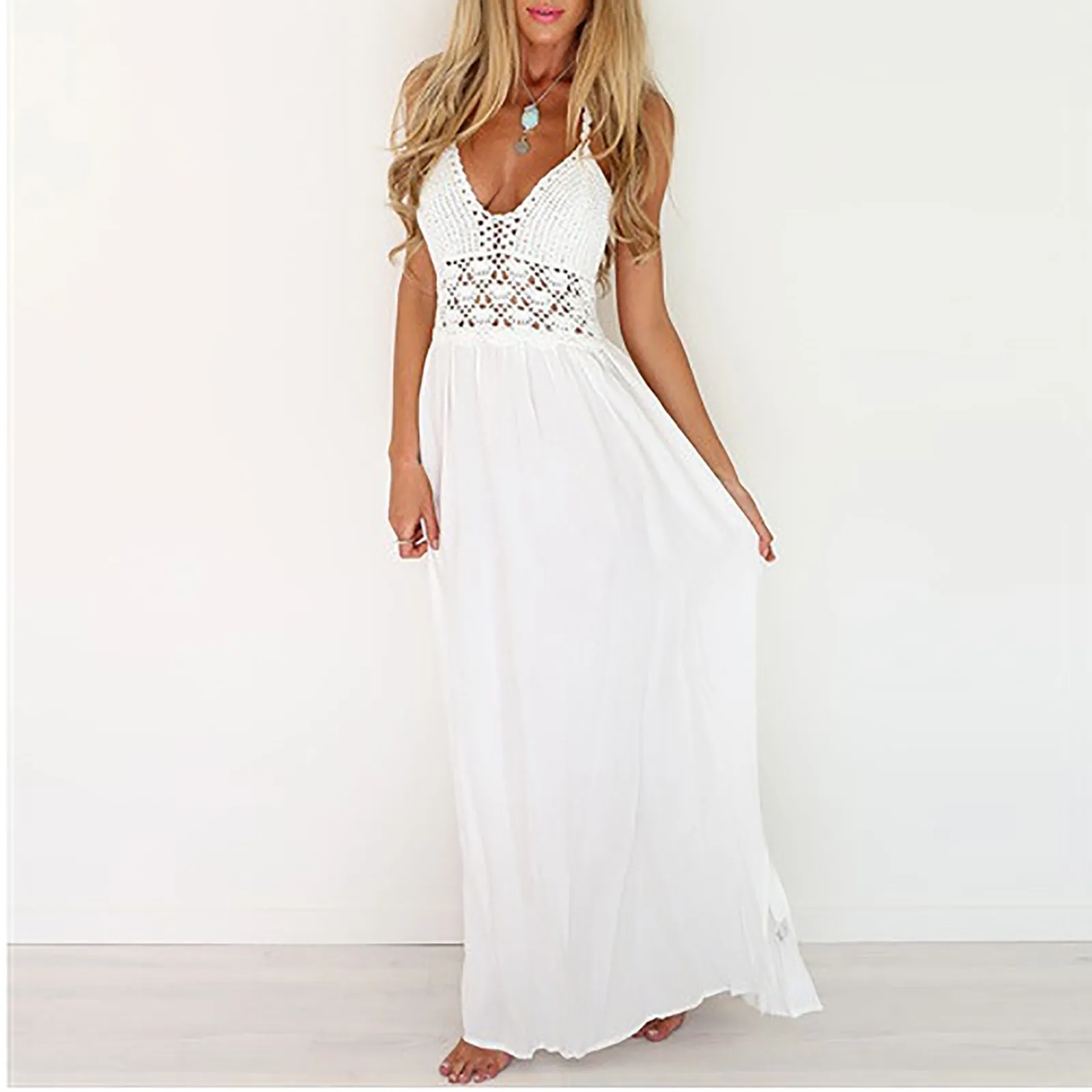 2021 Women Sexy V Neck Tassel Long Dress Summer Sleeveless Off Shoulder Party Dress Elegant Hollow Out Crochet Lace Beach Dress 2
