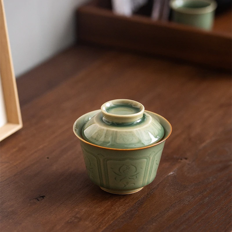 Celadon Hand Carved Gaiwan For Tea Pottery Tureen With Lid Green Teaware Kung Fu Tea Ceremony Set Coffee Cups Bowls Chawan