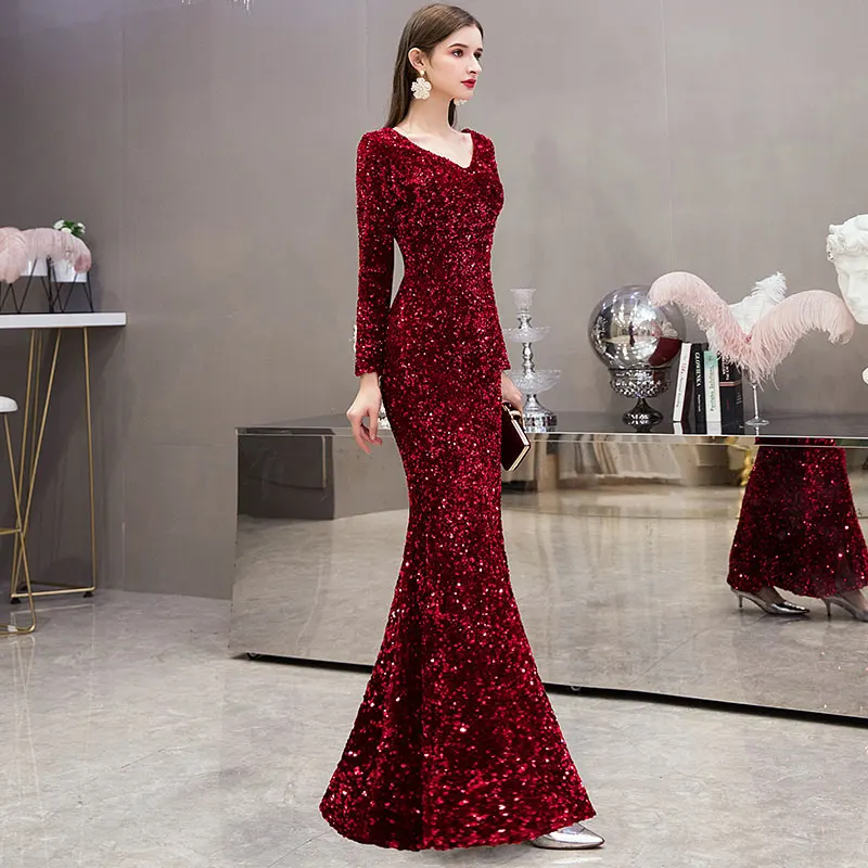 wine red Элегантные платья с длинным рукавом для выпускного вечера сексуальные платья с v-образным вырезом винно-красного цвета с блестками Длинные вечерние платья в пол размера плюс - Цвет: wine red