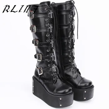 

RLINF New Long Tube Lolita Sponge Cake Pu Cool Rivet Decorative Punk Boots Women Boots