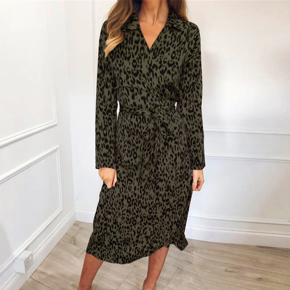 

Fashion Summer Casual V Neck Midi Ladies Leopard Print Daily Sexy Shirt Lace-up High Waist Women Dress Long Sleeve