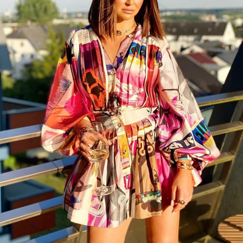 DEAT 2021 Spring Autumn New Long Lantern Sleeve Stand Collar Floral Print High Waist Short Mini Pleated Dress Women MK146 | Женская