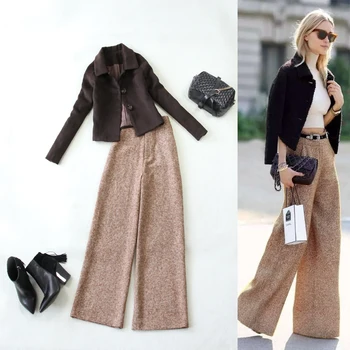 

Women Clothes Women's Autumn and Winter New Coffee Color Woolen Short Jacket Jacket + High Waist Wide Leg Fat Leg Trousers Set