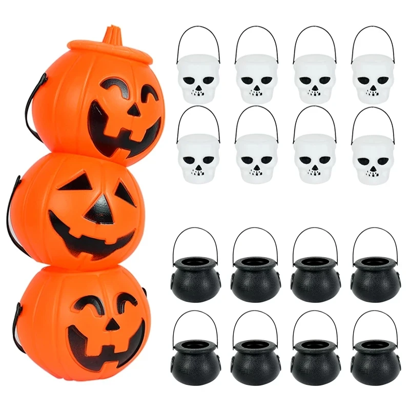 3/6Pcs Halloween Pumpkin Candy Bucket Trick Or Treat Witchs Cauldron Skull Candy Jar For Kids Halloween Party Decor Gift Packing