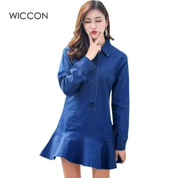 

WICCON Women's spring new Trumpet dress long-sleeved loose denim dress sweet vintage vestidos Preppy style Mermaid women dress