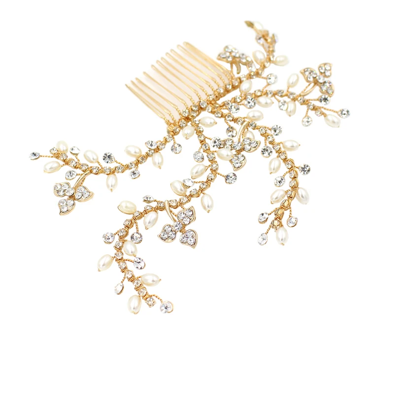 Floralbride Handmade Gold Color Crystal Rhinestone Pearl Flower Wedding Hair Comb Bridal Headdress Hair Accessory Women Jewelry