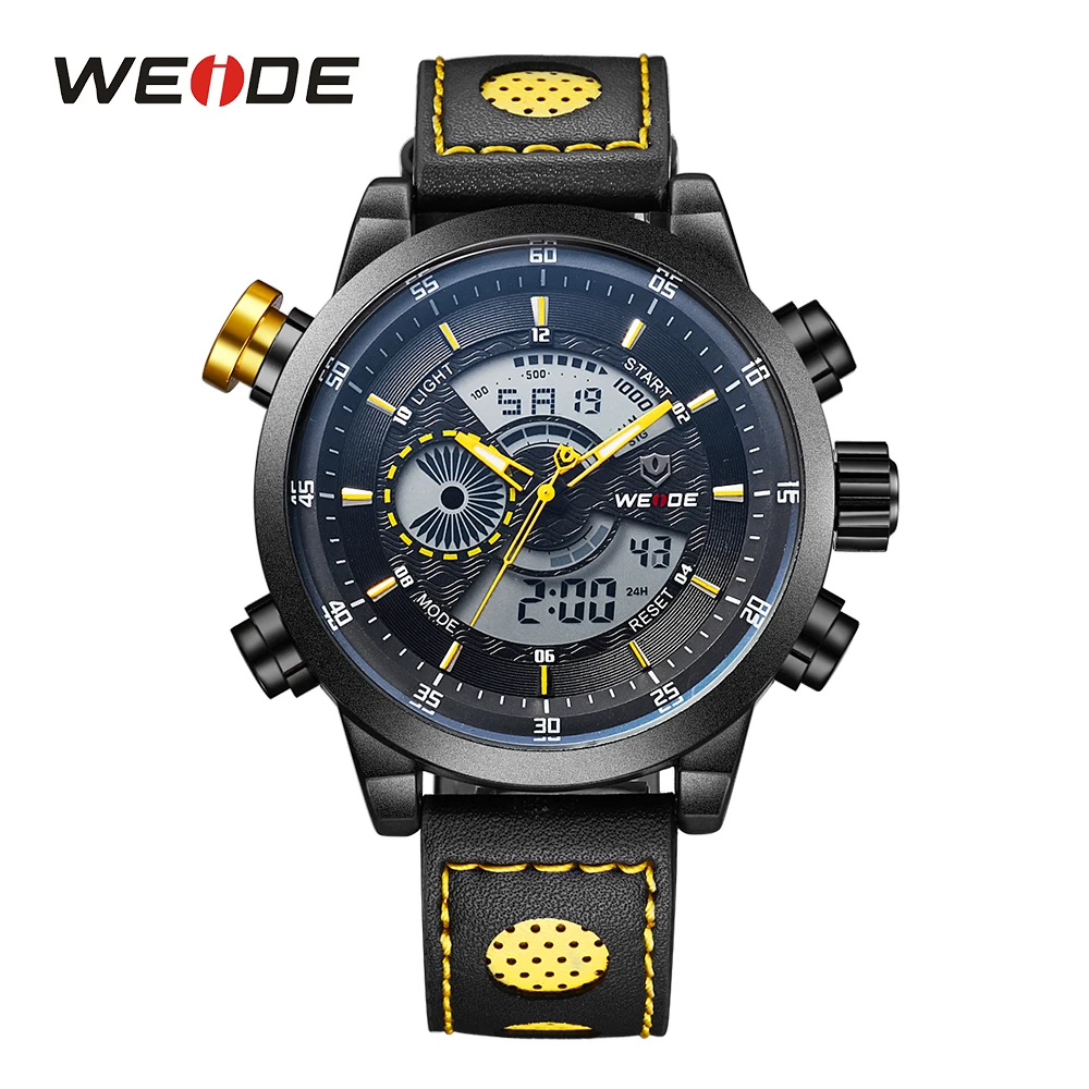WEIDE мужские модные кварцевые цифровые цифры Автоматическая Дата Будильник хронограф несколько часовых поясов кожаный ремешок наручные часы