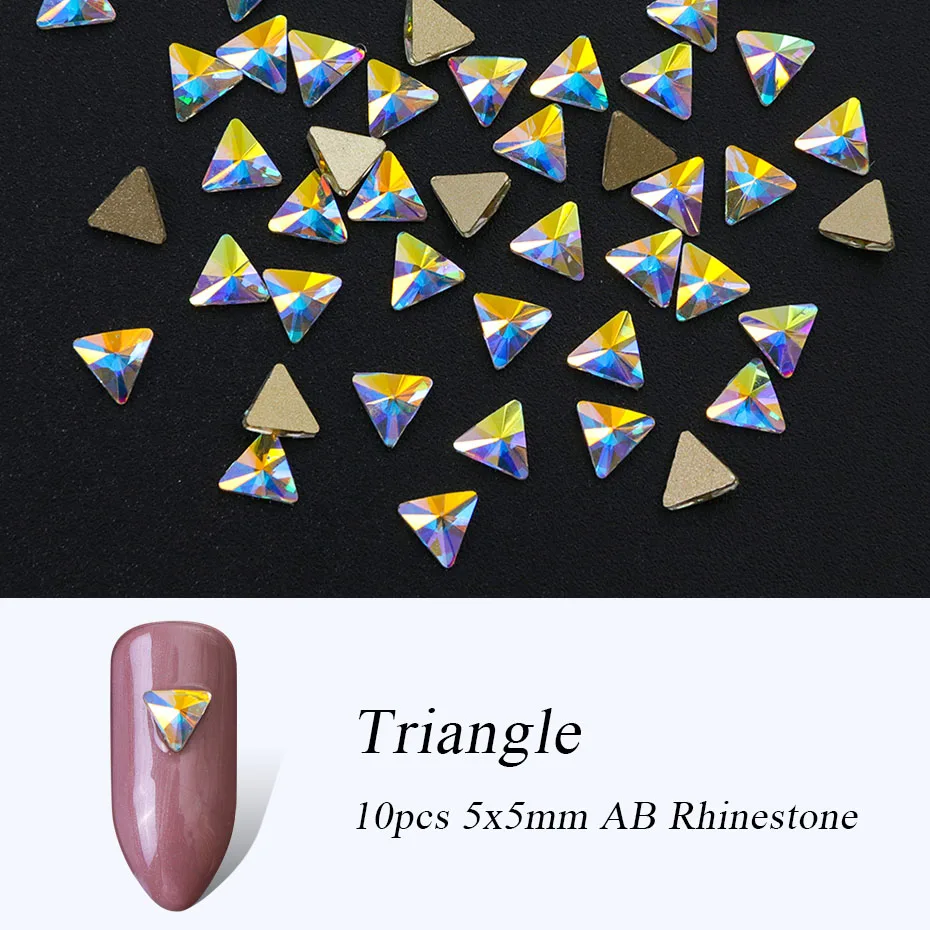 10pcs Triangle 5x5mm Искрящегося цвета Кристалл aб для ногтей драгоценные камни стразы для украшения ногтей, Стекло колеса в виде геометрических фигур цветок ювелирные изделия с бриллиантами декоративный камень для ногтей украшения для маникюра BE694-1 - Цвет: 10pcs Triangle 5x5mm