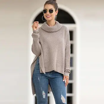

Winter Long Sweater Women Autumn High Neck Sweater Ladies Knitted Turtleneck Loose Sweater Female Warm Women Pullover Sweater
