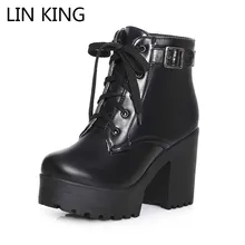 

LIN KING High Heels Women Winter Short Boots Warm Keep Round Toe Lace Up Ladies Botas Waterproof Motorcycle Boots Big Size Shoes