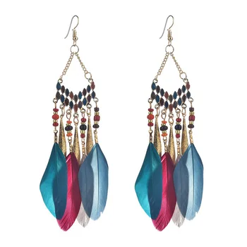 

2020 Rushed Time-limited Trendy Cross-border Popular Feather Fringed Earrings Bohemian Retro Rice Beads Drop Oil Long Handmade