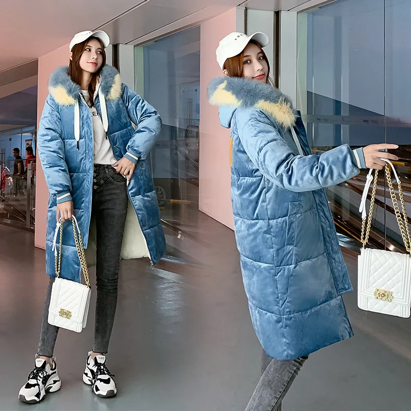 

2019 New Style down Jacket Women's Korean-style Fashion Loose Gold Velvet Mid-length Large Fur Collar Hooded Cotton Coat