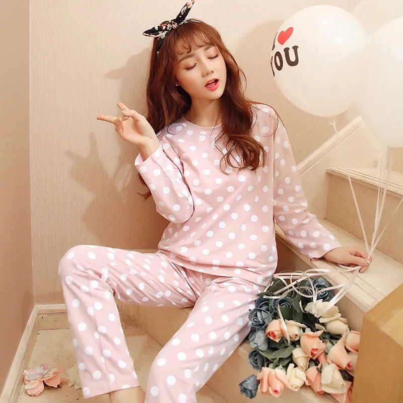 

Pajamas Women's Spring And Autumn Qmilch Korean-style Long Sleeve Polka Dot Dotted Fresh Crew Neck Pullover Students Home Wear