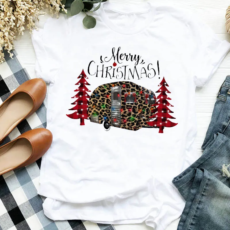 

Women Lady Leopard Truck Tree Merry Christmas Print T Shirt Women Short Sleeve O Neck Loose Tshirt Summer Women Tee Shirt Tops
