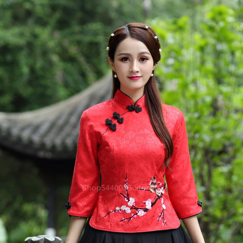 Новогодняя традиционная китайская одежда для женщин Qipao Топ Тан костюм вышивка Cheongsam блузка Винтаж классического размера плюс Топы