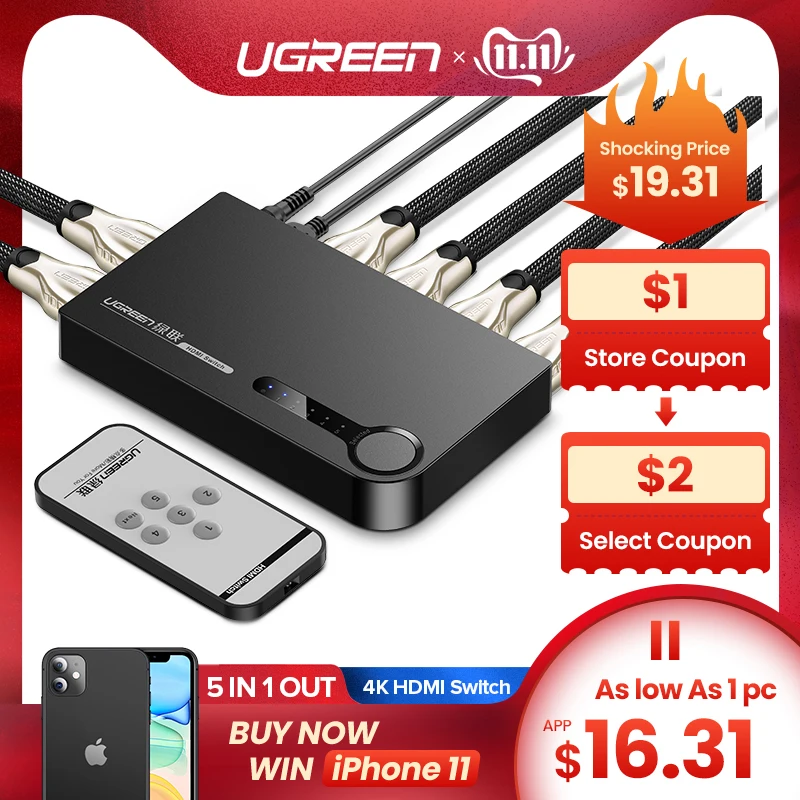 Preise Ugreen 5 In 1 Hdmi Switch 4K 3D Adapter HDMI Splitter für PS4 Xbox one 3 5 ports 3 in 1 heraus mit Fernbedienung Schalter HDMI