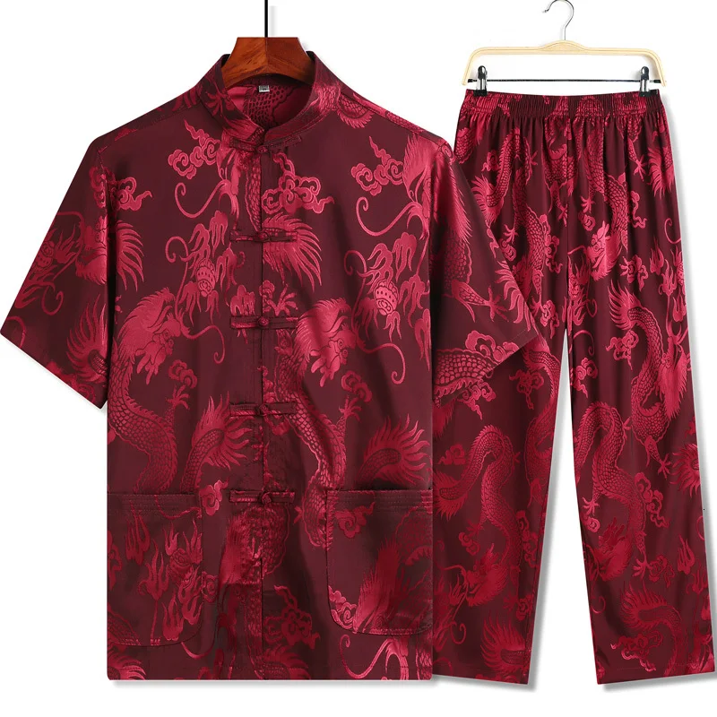 red short sleeve Большие размеры 4XL синий китайский мужской костюм Тан наборы с коротким рукавом Длинные брюки дракон Кунг фу костюм атласный Шелковый Wu Shu Tai Chi наборы - Цвет: red short sleeve