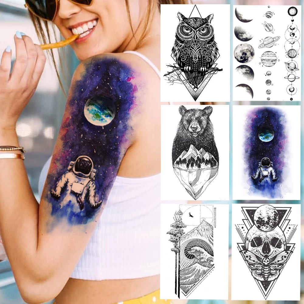 Фиолетовые Временные татуировки Галактики, земли, космонавта, планеты, цепи, рука, тату, наклейка для мужчин, женщин, водостойкие, боди-арт, поддельные татуировки совы