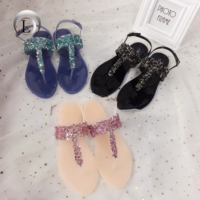 

Summer Bohemian Style Jelly Sandals Sequin Man-made Diamond Flip-flop Flip-flops Flat Casual Korean-style WOMEN'S Sandals
