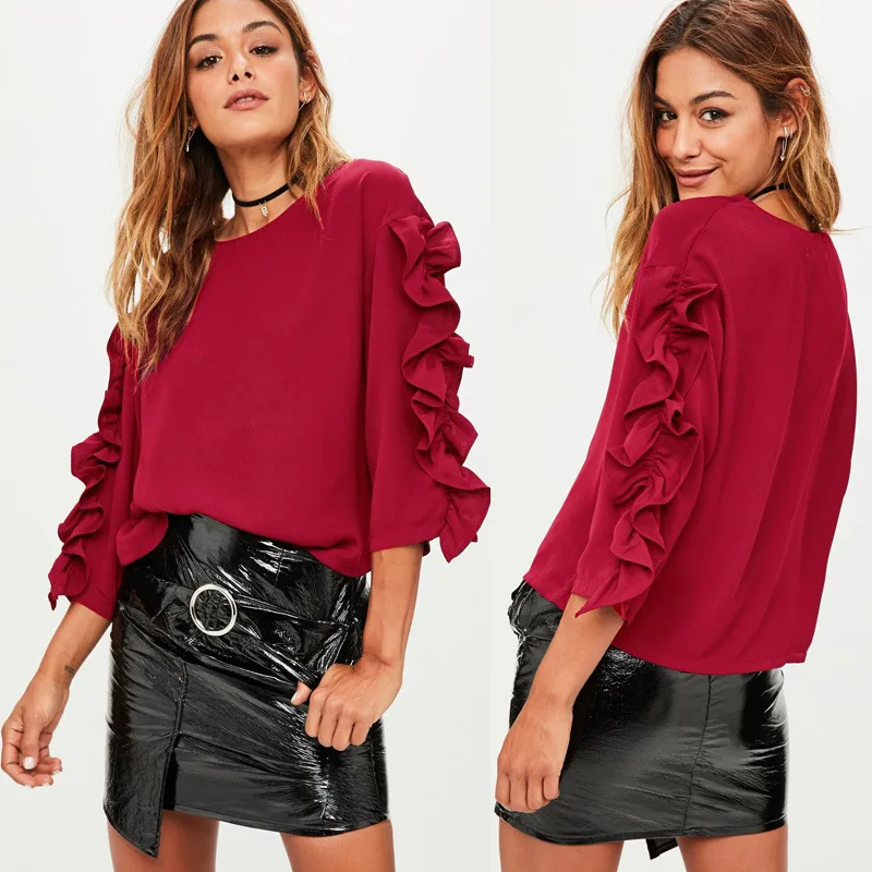 

2019 Rushed Limited Kpop Tumblr Unicorn Spring European And American Women's Tops Wooden Ear Stitching Solid Color T-shirt Tide