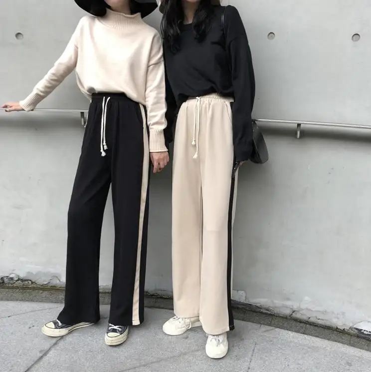 

2019 trousers new autumn and winter side contrast color stitching wide-leg pants casual pants trousers women