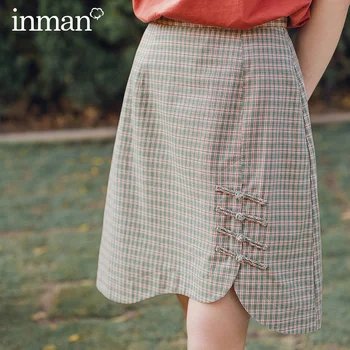 

INMAN Vintage Artsy Style 2020 Summer New Arrival Mid Length Plaid Chinese Frog Design Skirt