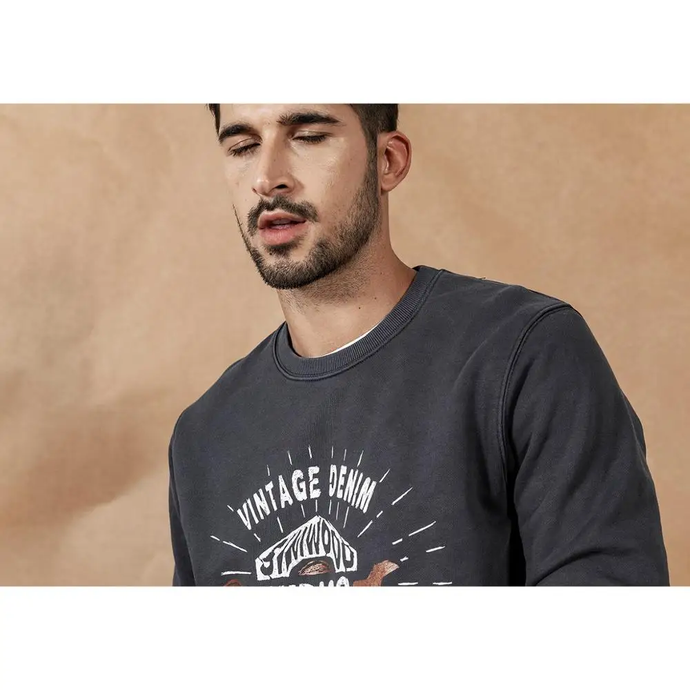 SIMWOOD Autumn Winter New Letter Print hoodies men vintage casual o-neck Indigo dye cotton Jogger Sweatshirt 190455