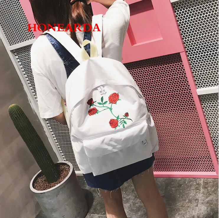100 шт Harajuku роза Вышивка Рюкзак белый черный женский туристический рюкзак для студентов холст двойная сумка